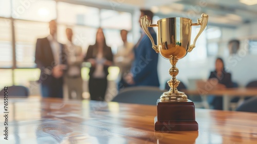 Concept team Success Golden Trophy Cup on a Wooden Table Highlighting Achievement in a Blurred Office Background - AI generated