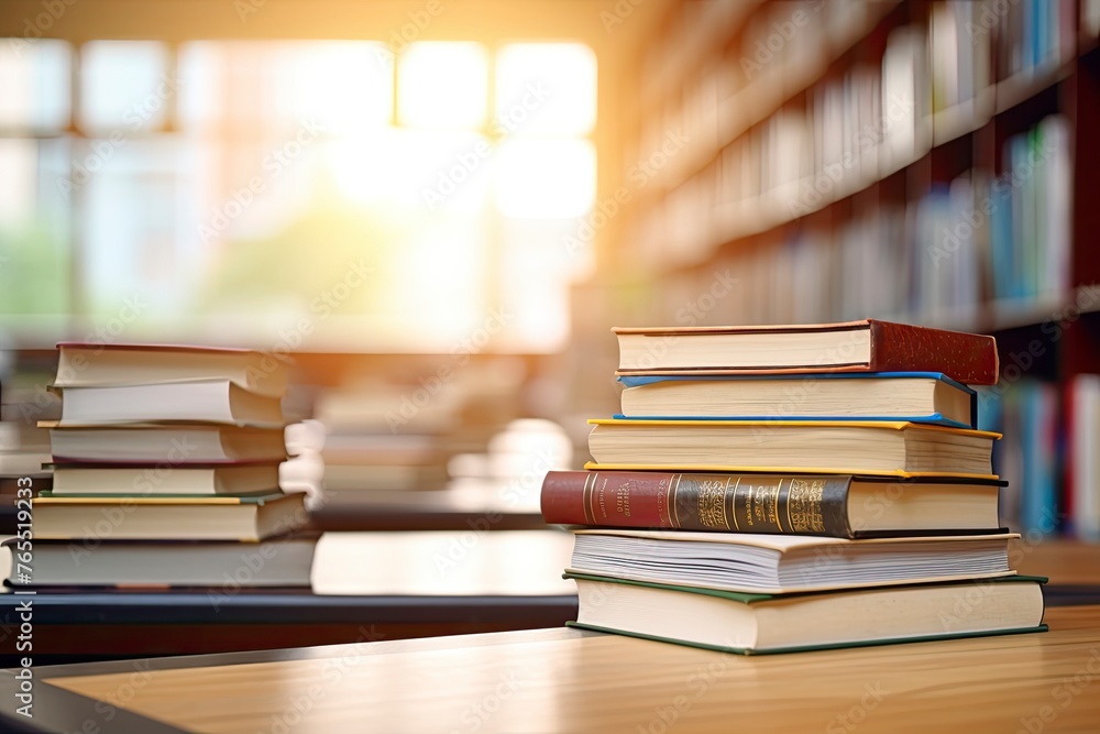 Book in library with old open textbook, stack piles of literature text archive on reading desk, academic education learning concept - generative ai Book in library with old open textbook, stack piles of literature text archive on reading desk, academic education learning concept - generative ai