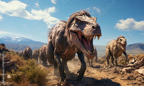 Group of Dinosaurs Walking Across Dirt Field