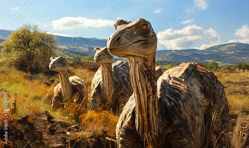 Close-Up of Group of Dinosaurs in Field