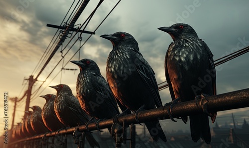 Group of Birds Perched on Metal Pole photo