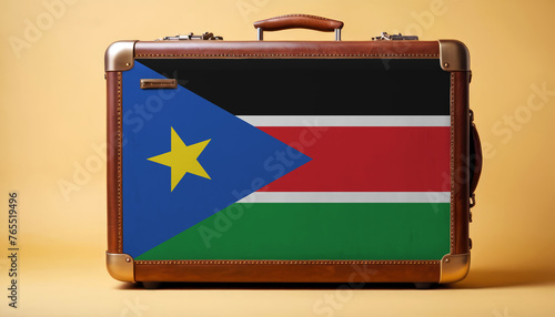 South Sudan flag on old vintage leather suitcase with national concept. Retro brown luggage with copy space text. photo