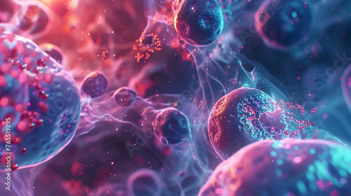 Delve into a microscopic world where nanoparticles deliver targeted drug therapies within the human body, navigating through intricate cellular structures. 32K. photo