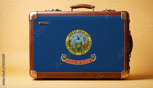 Idaho flag on old vintage leather suitcase with national concept. Retro brown luggage with copy space text.