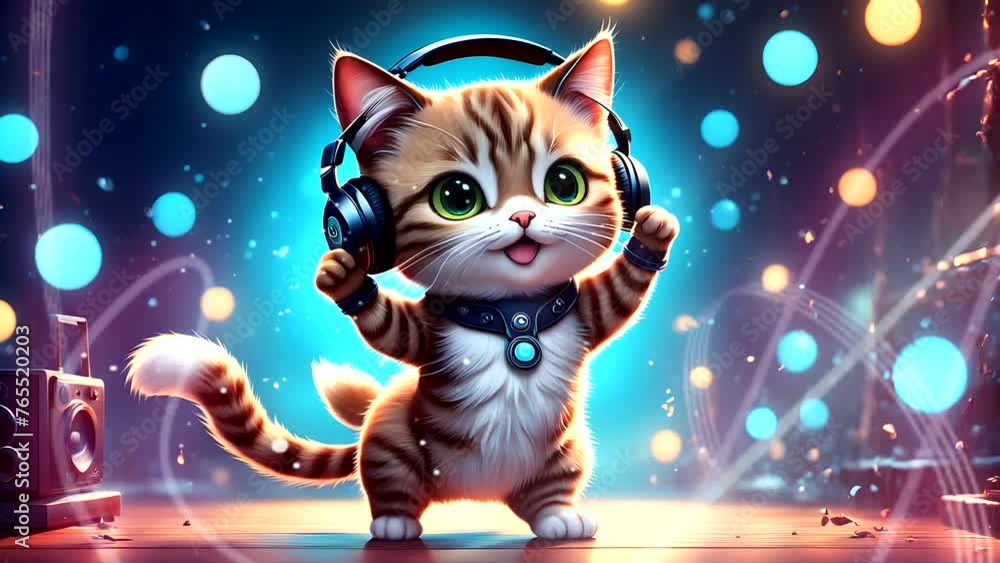 Funny kitten enjoying music with headphones. Seamless looping time-lapse 4k video animation background Funny kitten enjoying music with headphones. Seamless looping time-lapse 4k video animation background