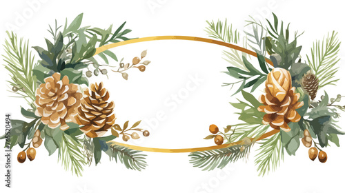 Fototapeta Naklejka Na Ścianę i Meble -  Watercolor christmas golden frame with fir branches