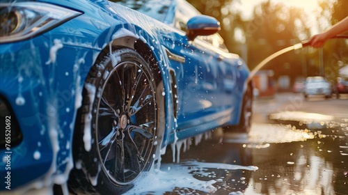 Close-up view of car wash with soapy suds on blue car