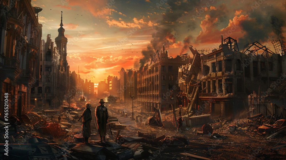 A postpocalyptic cityscape with ruined buildings and