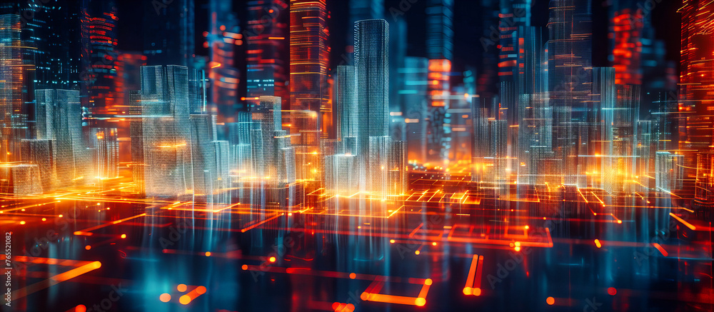 Abstract business and technology concept in a cityscape, symbolizing the integration of digital networks and urban development in a futuristic setting Abstract business and technology concept in a cityscape, symbolizing the integration of digital networks and urban development in a futuristic setting