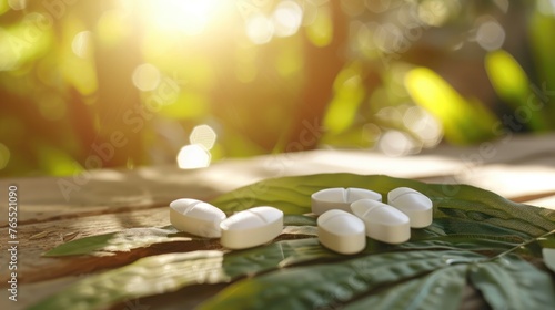 Natural Supplements Concept: Capsules with Herbal Background in Sunlit Nature Setting - AI generated