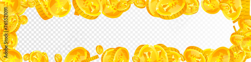 Chinese yuan coins falling. Scattered gold CNY