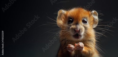A small brown mouse with its eyes wide open and its mouth open. The mouse is looking at the camera and he is surprised or curious. funny animal.