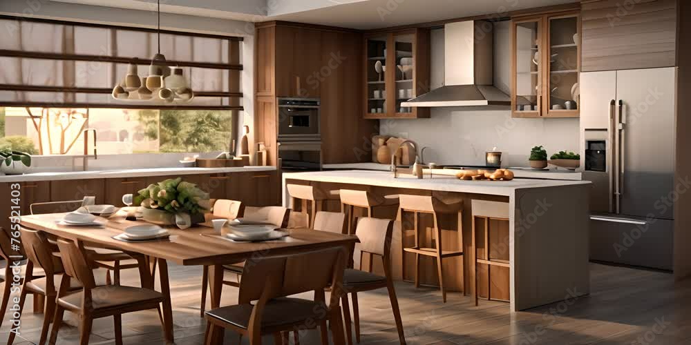This cozy kitchen evokes a feeling of comfort and warmth with its modern design, featuring a warm wooden table, chairs, cabinetry, and wall, inviting the perfect setting for family dinners 4K Video This cozy kitchen evokes a feeling of comfort and warmth with its modern design, featuring a warm wooden table, chairs, cabinetry, and wall, inviting the perfect setting for family dinners 4K Video