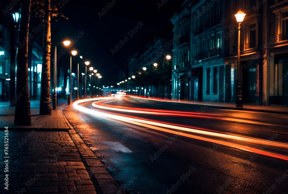 Abstract motion blur background of night street with car and street lamps. City life, lights from cityscape, style color tone. Concept of abstract stylish urban backgrounds for design. Copy space
