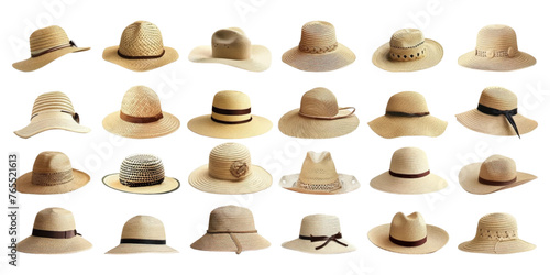 Set of beach hats on white background.