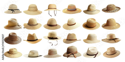 Set of beach hats on white background.