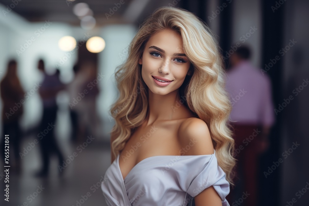 Beautiful blonde woman in elegant light gray evening gown looking stunning in portrait photo