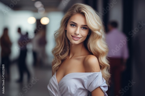 Beautiful blonde woman in elegant light gray evening gown looking stunning in portrait photo