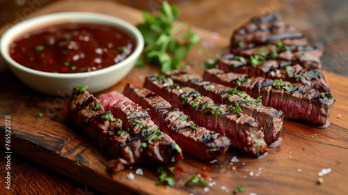 Succulent rare sliced steak on wooden cutting board with herbs