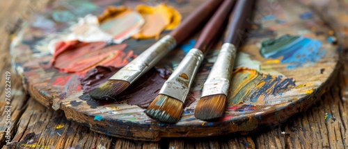  A set of brushes rests atop a wooden surface near a painted dish