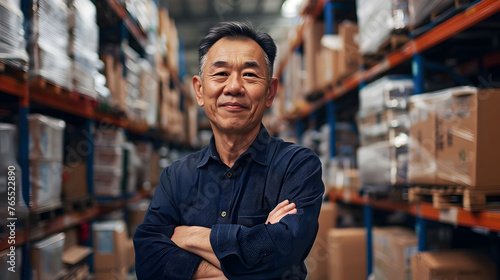 An asian man standing confidently with his arms crossed in a warehouse.