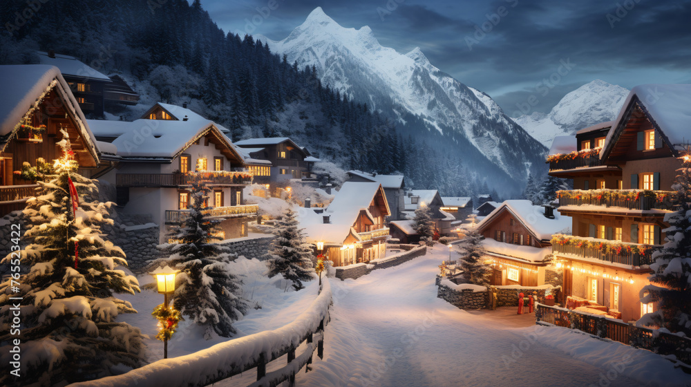 A quaint alpine village dusted with snow