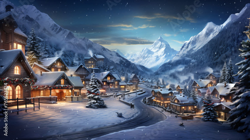 A quaint alpine village dusted with snow