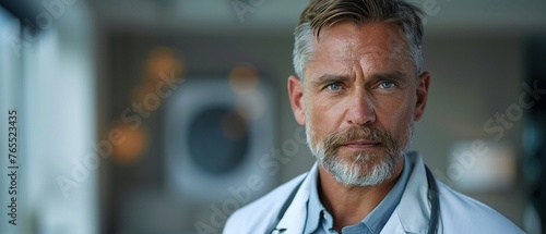Doctor with supportive body language, empathetic eye contact, frontal angle, reassuring environment.stock photographic style
