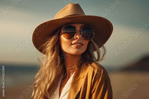 Beautiful young woman wearing a fashionable cowboy hat and trendy sunglasses in a stylish portrait