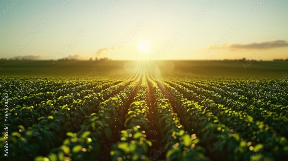 Sustainable Agriculture: Lush Soybean Field with Row Pattern Leading to Horizon at Sunrise - AI generated