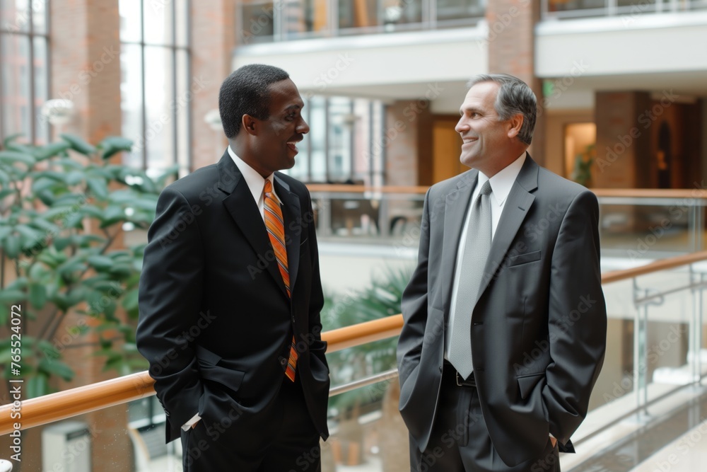 Business meeting between diverse businessmen in suits, one African American and one Caucasian. Concept of inclusivity, collaboration, and the strength of diversity in modern business environments Business meeting between diverse businessmen in suits, one African American and one Caucasian. Concept of inclusivity, collaboration, and the strength of diversity in modern business environments
