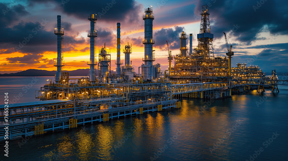 An oil and gas refinery operates against a dusk backdrop, the intricate network of pipes and towers illuminated as they process vital energy resources
