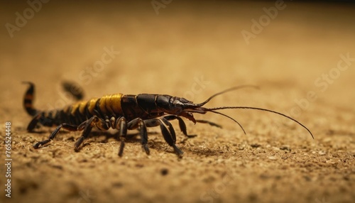 A highly detailed close-up of a marbled scorpion poised on sandy terrain  showcasing its segmented body and pincers.