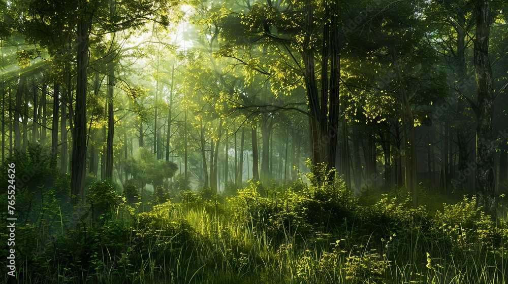 panoramic view of a beautiful green forest with tall trees and sunlight shining through the leaves, Forest panorama with sun rays panoramic view of a beautiful green forest with tall trees and sunlight shining through the leaves, Forest panorama with sun rays