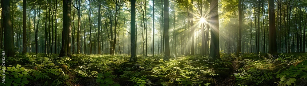 panoramic view of a beautiful green forest with tall trees and sunlight shining through the leaves, Forest panorama with sun rays - obrazy, fototapety, plakaty 