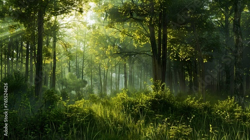 panoramic view of a beautiful green forest with tall trees and sunlight shining through the leaves  Forest panorama with sun rays