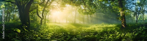 panoramic view of a beautiful green forest with tall trees and sunlight shining through the leaves, Forest panorama with sun rays