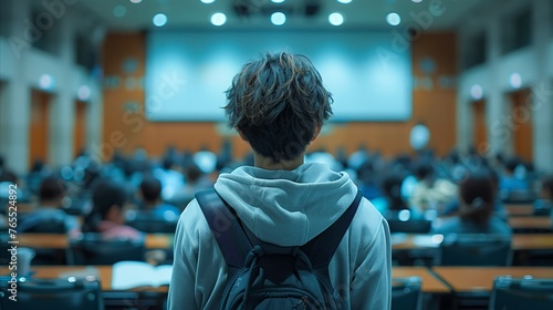 Young student at the front of class with a rear view