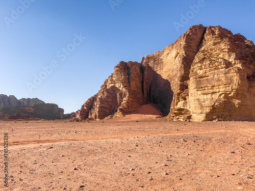 Sand and Rock Formation in Wadi Rum desert in a Hot Summer Day