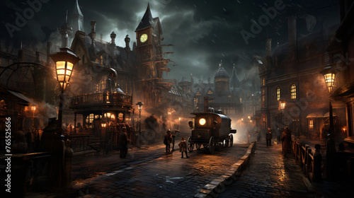 A scene from a steampunk version of Victorian London.
