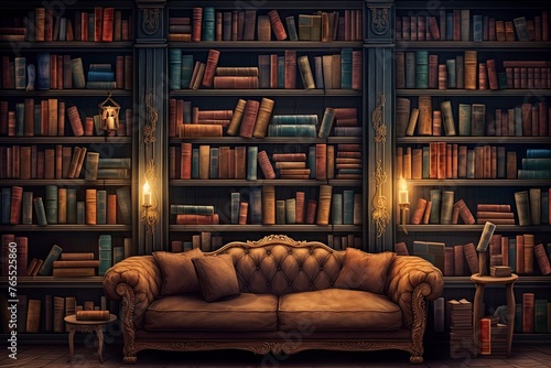 Bookshelves in the library. Large bookcase with lots of books. Sofa in the room for reading books. Library or shop with bookcases. Cozy book background. Bookish, bookstore, bookshop - generative ai © Nia™