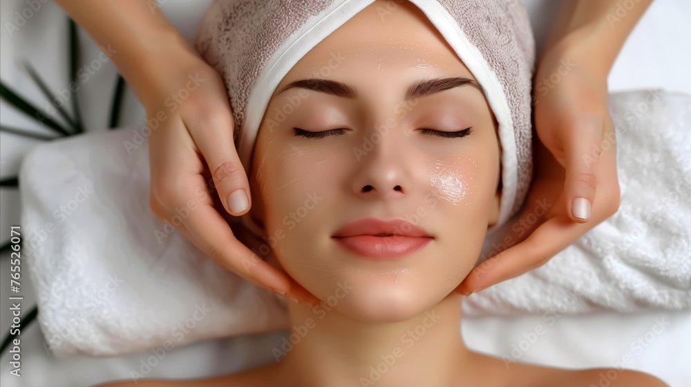 Young woman enjoying a relaxing facial treatment at spa