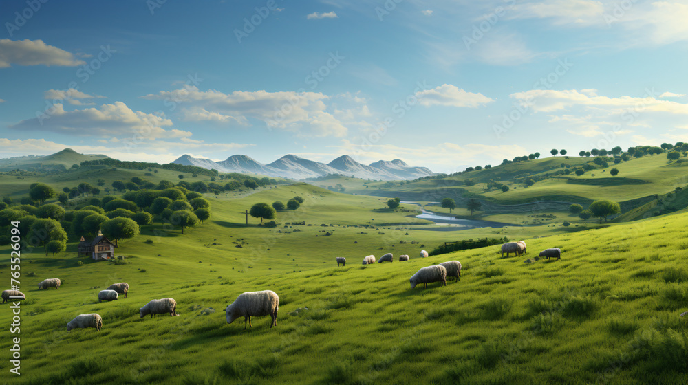 A serene countryside scene with rolling hills and graz