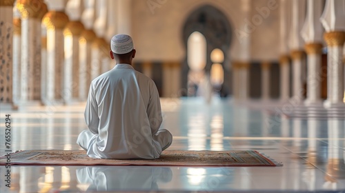 Muslim man praying peacefully on a mat in a grand mosque © Mustafa