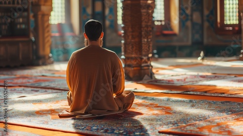 Muslim man peacefully sitting on prayer mat in mosque