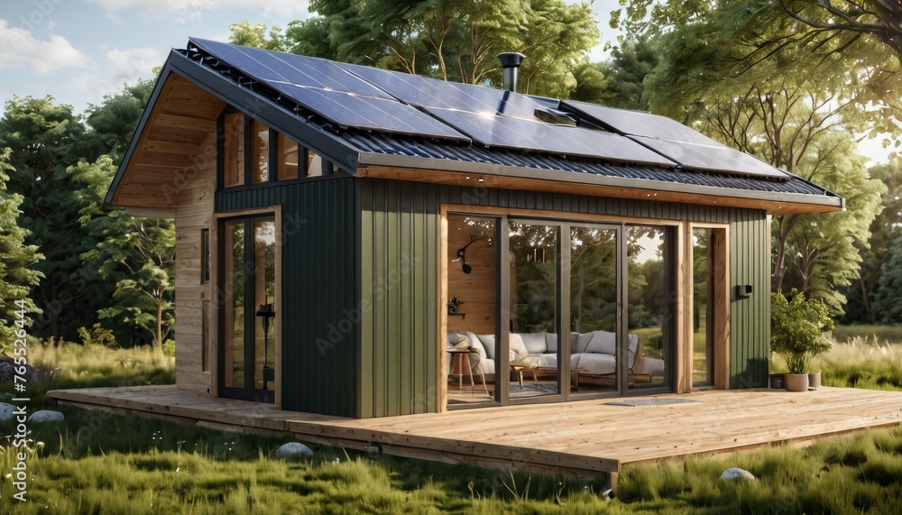An eco-friendly wooden home with a solar panel roof amidst a serene forest, reflecting sustainable and harmonious living