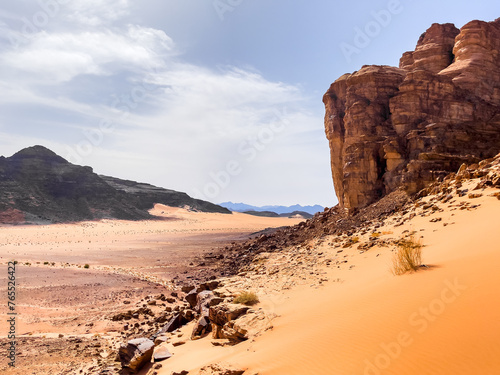 Wadi Rum Desert, Jordan. The red desert and Jabal Al Qattar mountain
