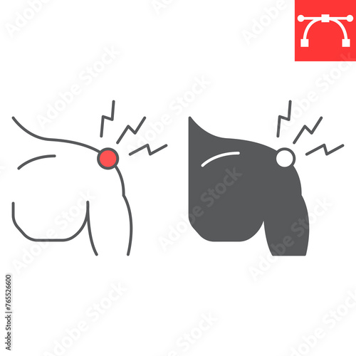 Shoulder pain line and glyph icon, body pain and human disease, shoulder ache vector icon, vector graphics, editable stroke outline sign, eps 10.