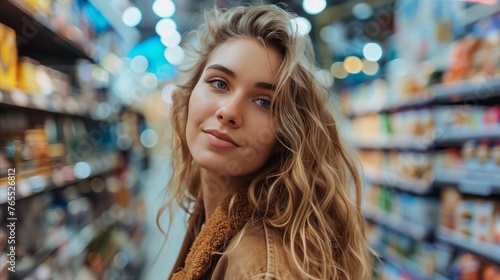 Woman shopping in a busy grocery store aisle