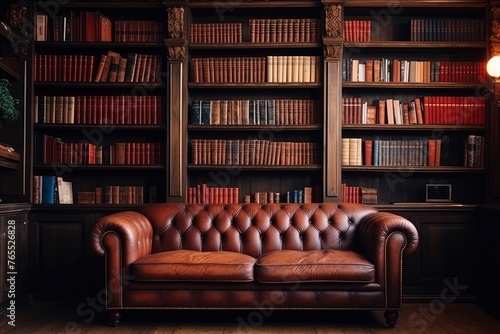 Bookshelves in the library. Large bookcase with lots of books. Sofa in the room for reading books. Library or shop with bookcases. Cozy book background. Bookish, bookstore, bookshop - generative ai © Nia™